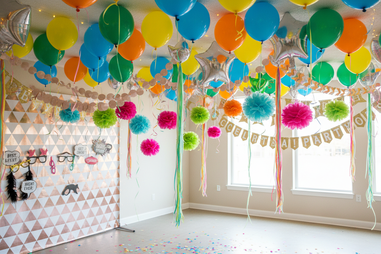 Party Decorations

Balloons (latex, foil, themed sets)

Banners & garlands

Backdrops & photo booth props

Hanging décor (make it real photo)