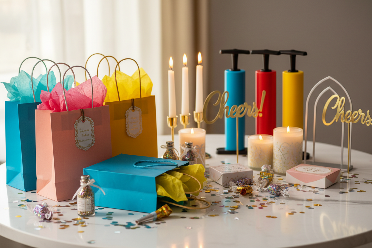 Party Favors & Essentials

From gift bags and giveaways to candles, confetti, cake toppers, and balloon pumps, we provide the small details that make a big difference. (make it real photo)